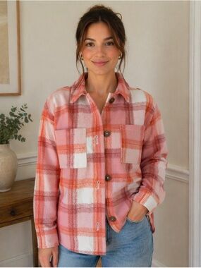 Old Navy Shacket Girls L 10/12 Pink Plaid Fleece Button Up Shirt Jacket Kids